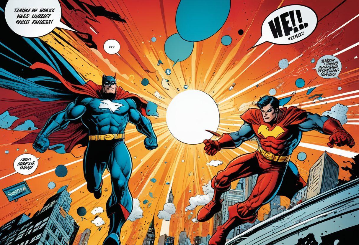A dynamic illustration showcasing a transformation from traditional comic panels to bold and expressive graphic storytelling. Include elements such as evolving character designs, vibrant color contrasts, and abstract shapes symbolizing creativity breaking through boundaries. The background should reflect a blend of classic comic book motifs with modern artistic flair. super-realistic. vibrant colors. 3D.