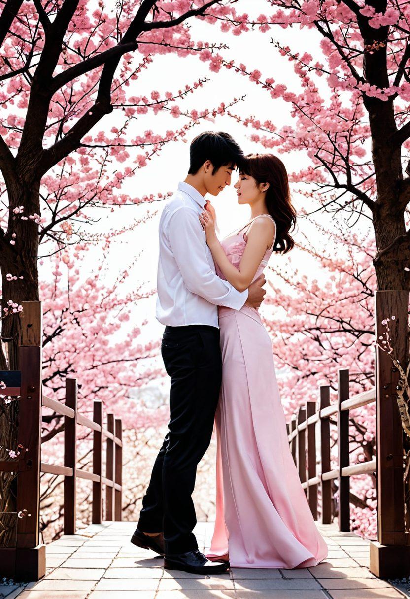 A captivating scene featuring a romantic couple surrounded by whimsical manga elements, with vibrant and playful artistic flourishes. The background showcases a blend of traditional Japanese settings and modern comic styles, infused with soft pink hues and bold lines. Their expressions are filled with passion and intrigue, reflecting the essence of romance and erotica. Include delicate cherry blossoms drifting in the air, symbolizing love and beauty. vibrant colors. manga style. 3D.